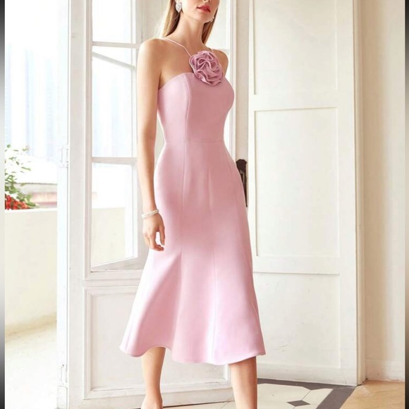 3D Flower applique rosette midi dress light pink - Picture 2 of 6